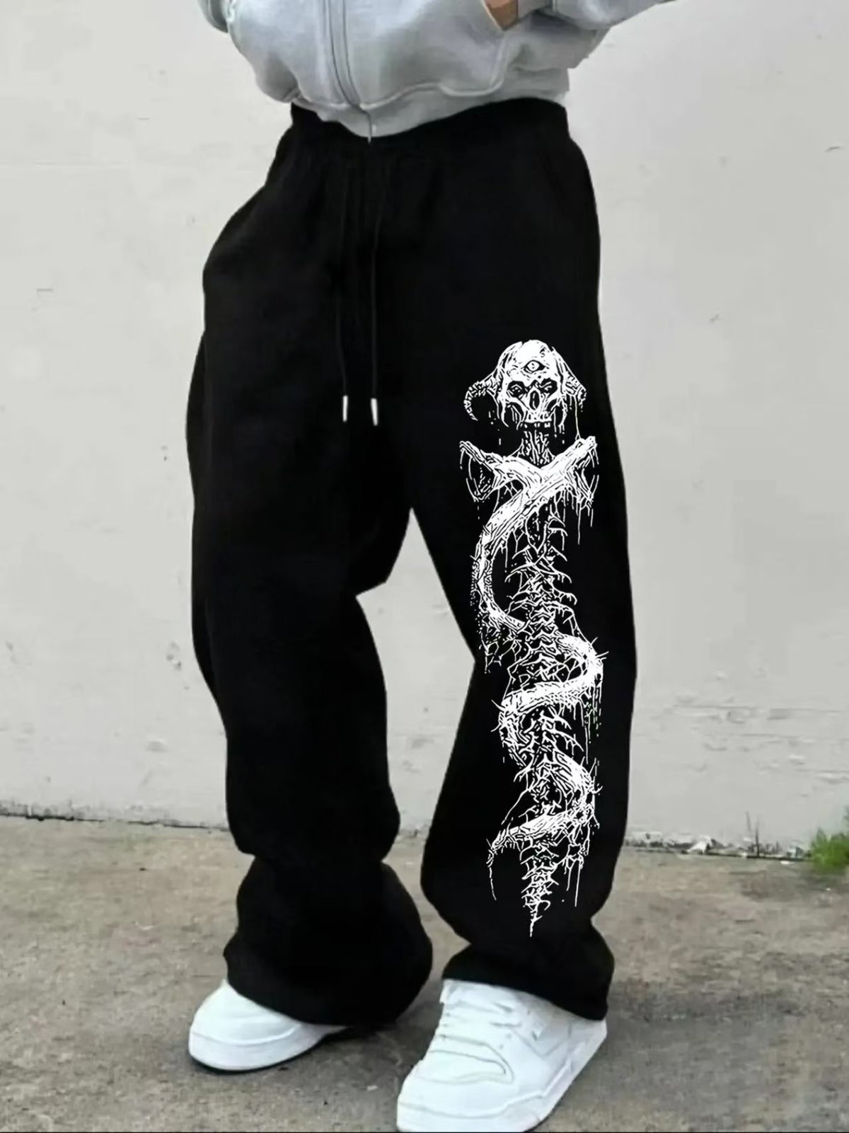 Dark Gothic Smiley Face Print Oversized Wide Leg Drawstring Sweatpants