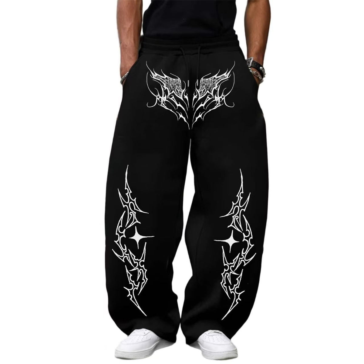 Dark Gothic Spider Print Wide Leg Sweatpants with Drawstring