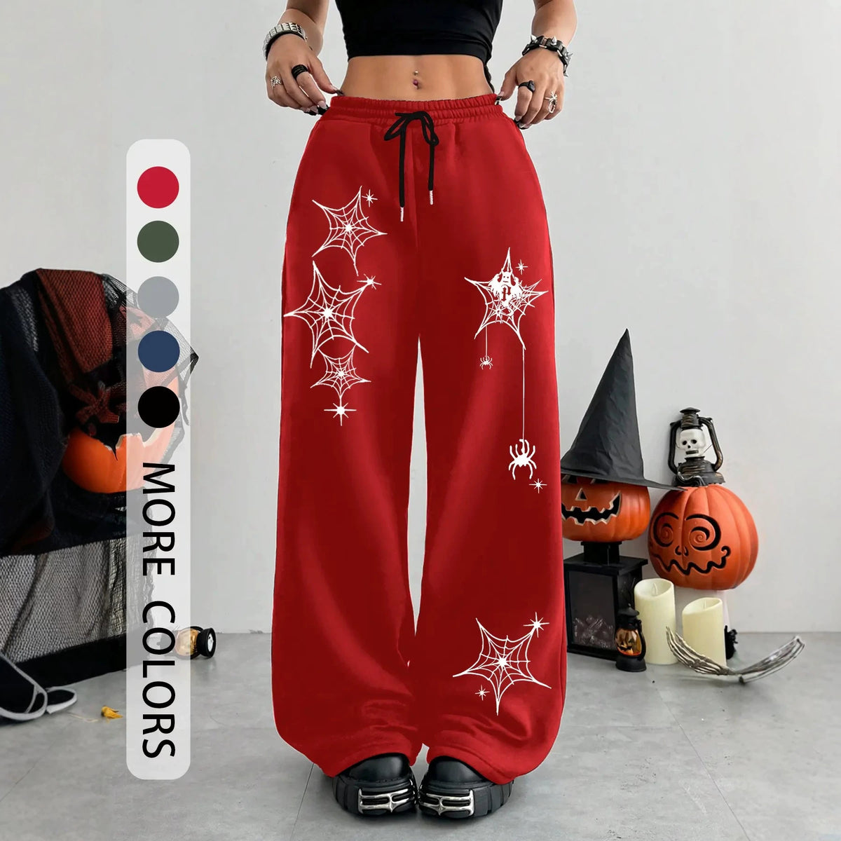 Dark Gothic Skull Print Loose Wide Leg Drawstring Sweatpants