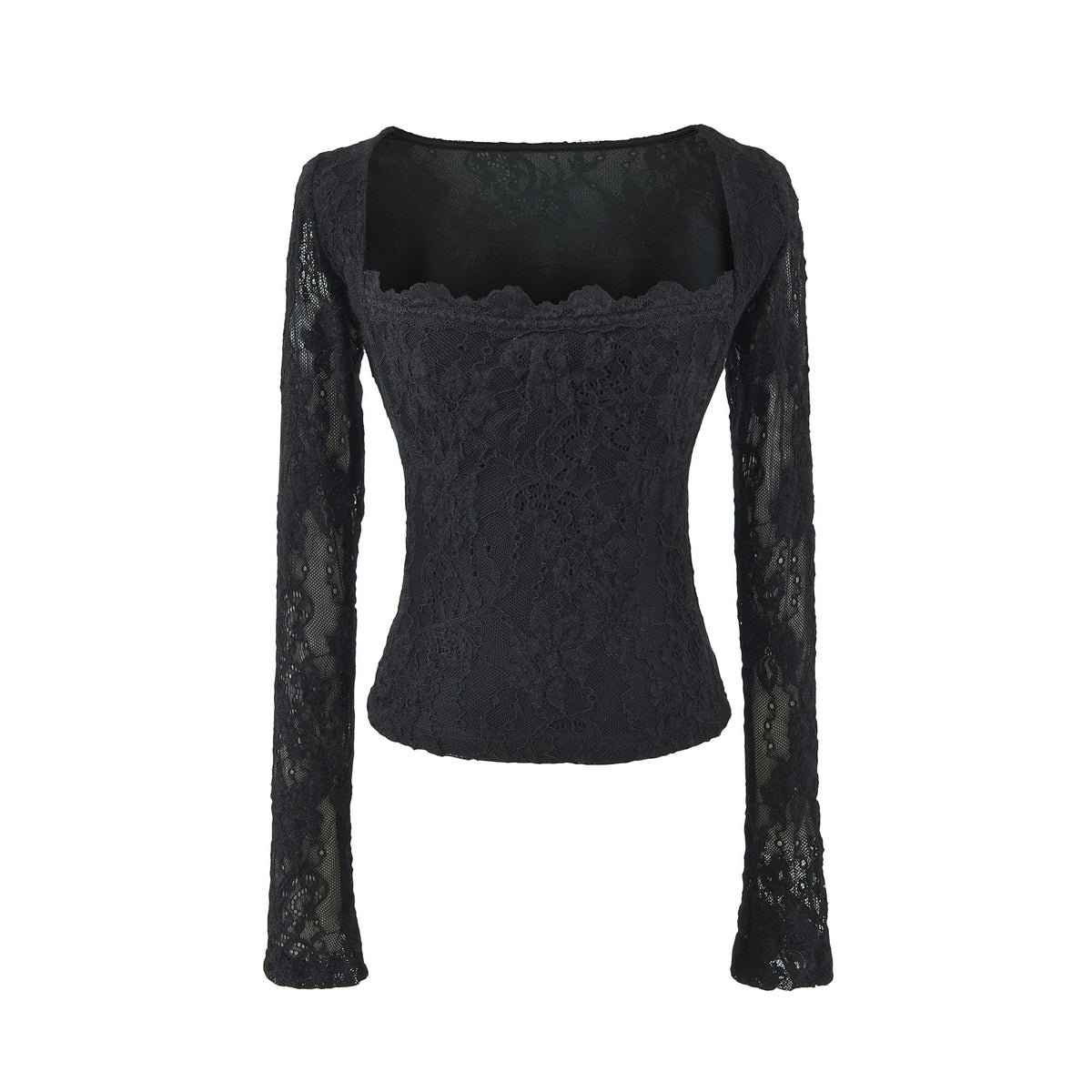 Double-Layer Embossed Long Sleeve Square Neck T-Shirt for Women