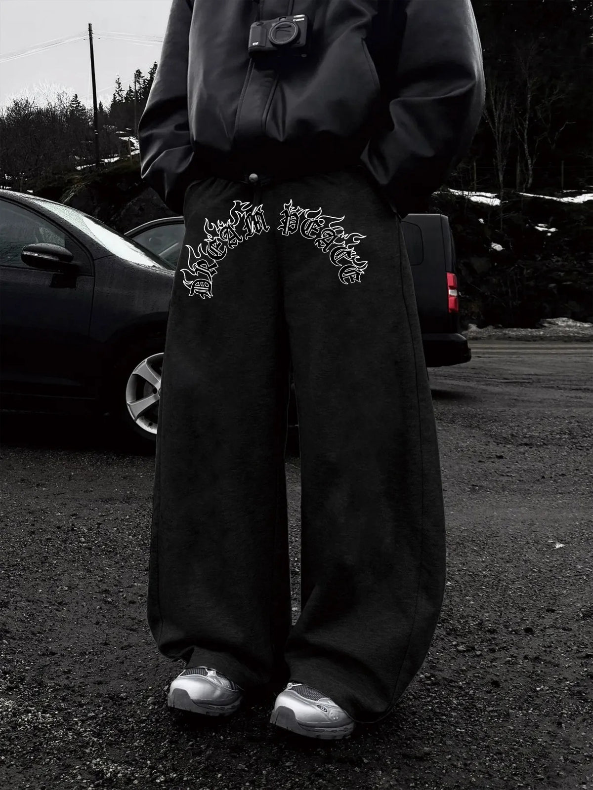 Dark Gothic Letter Print Loose Wide-leg Drawstring Unisex Sweatpants