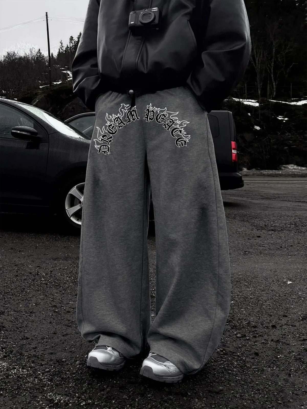 Dark Gothic Letter Print Loose Wide-leg Drawstring Unisex Sweatpants