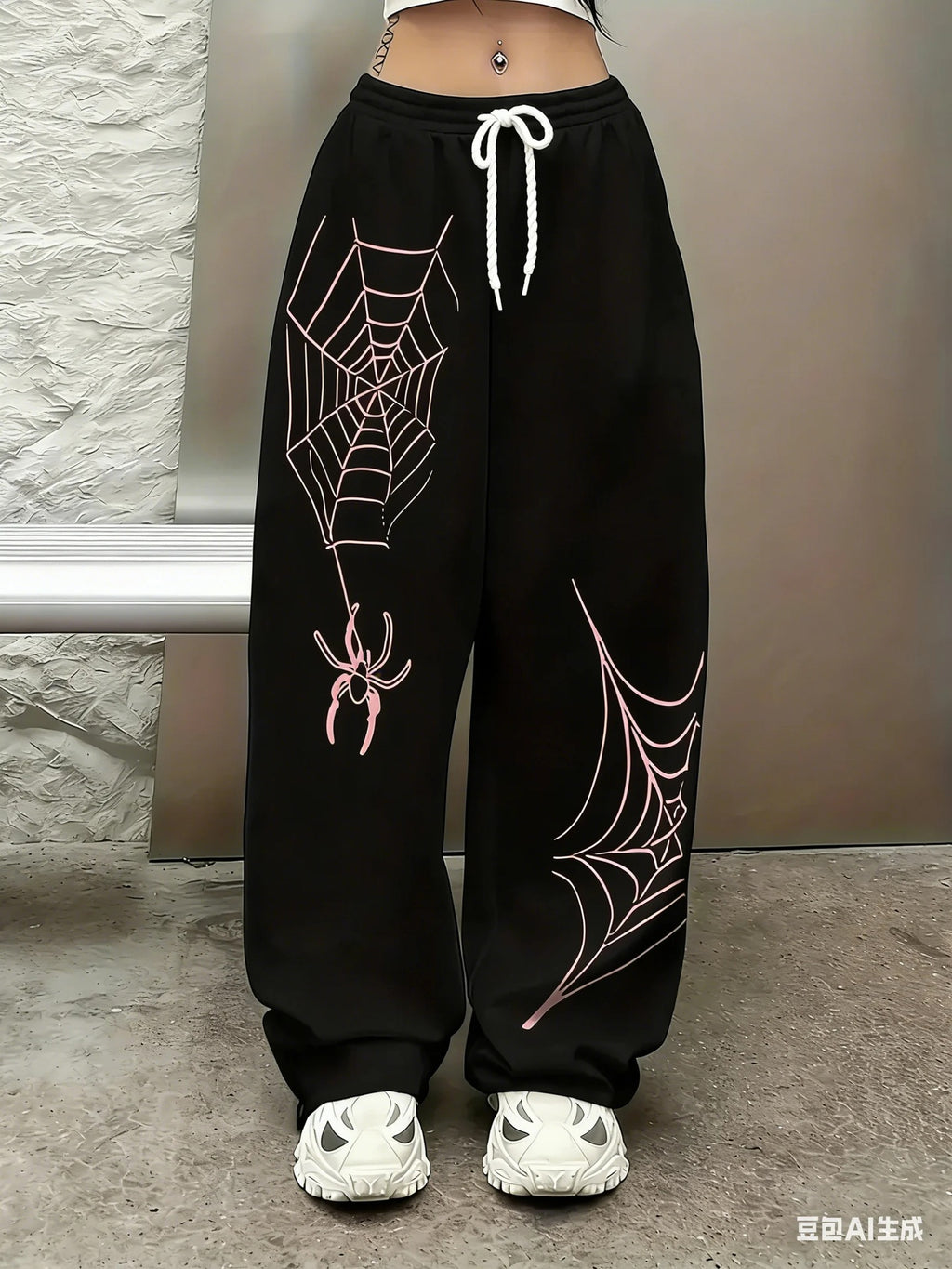 Dark Gothic Spider Print Wide Leg Sweatpants with Drawstring