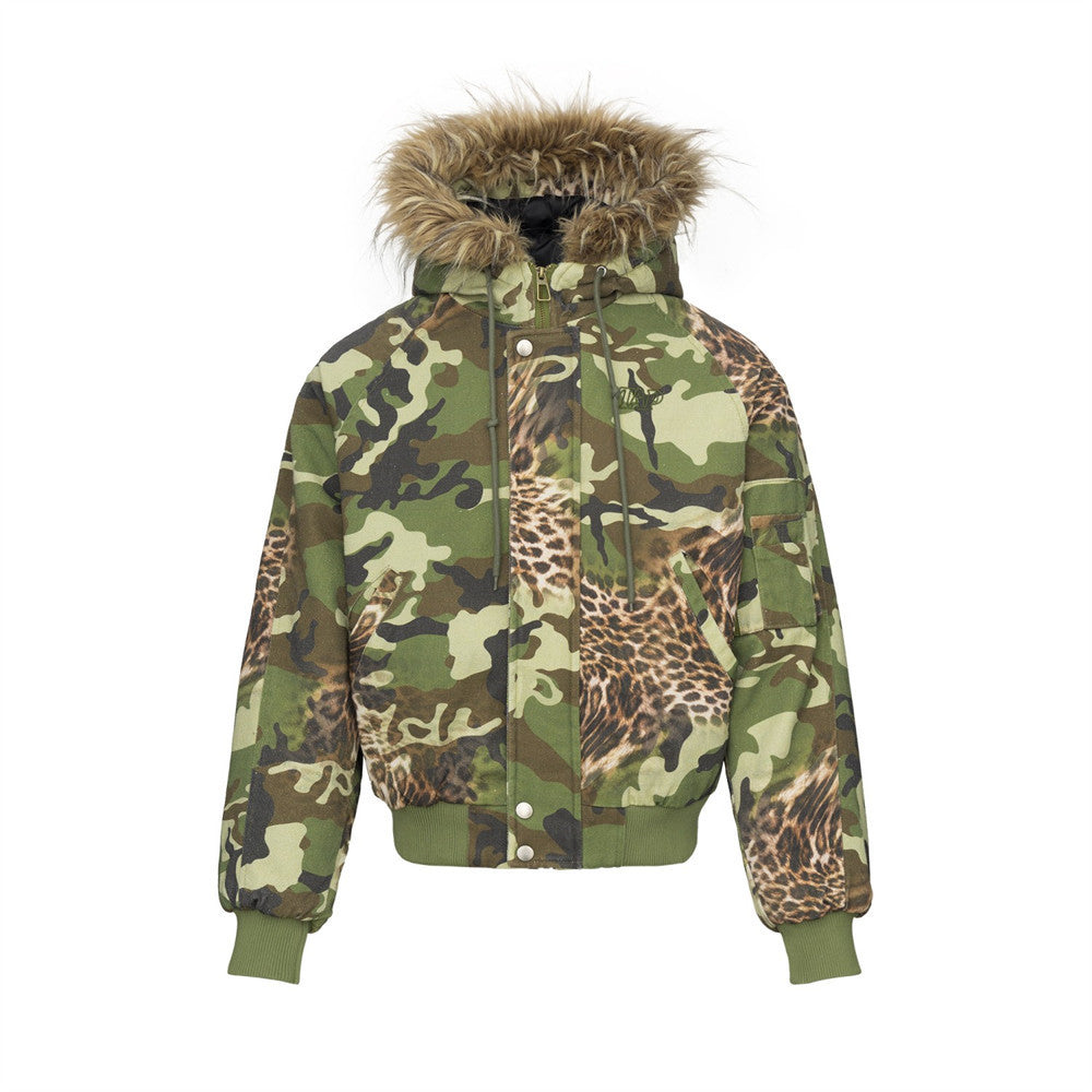 Men's High Street Canvas Cotton Padded Jacket Digital Print Camouflage Hooded Fur Collar Workwear Outerwear