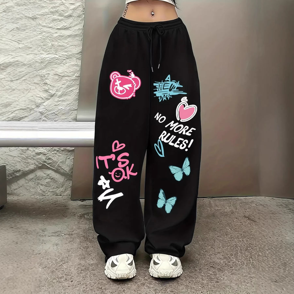 Women's Casual Gothic Wide Leg High Waist Adjustable Drawstring Pants