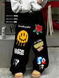 Dark Gothic Smiley Face Print Oversized Wide Leg Drawstring Sweatpants