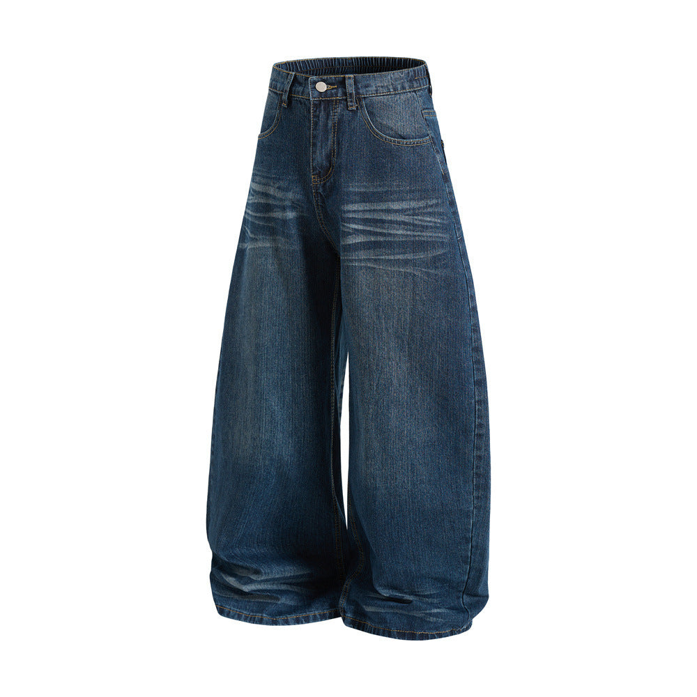 Men's Retro Washed Denim Carrot Pants, Oversized Wide Leg Long Jeans with Crease Detail